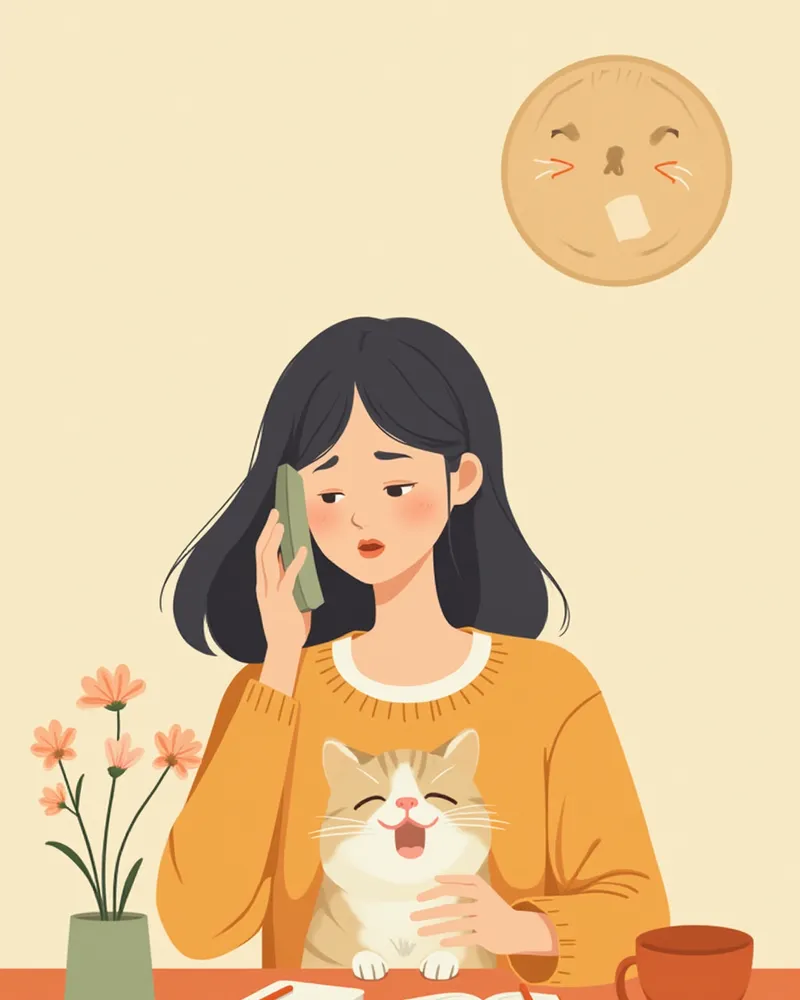 고양이를 안고 동물병원에 전화하며 메모하는 보호자