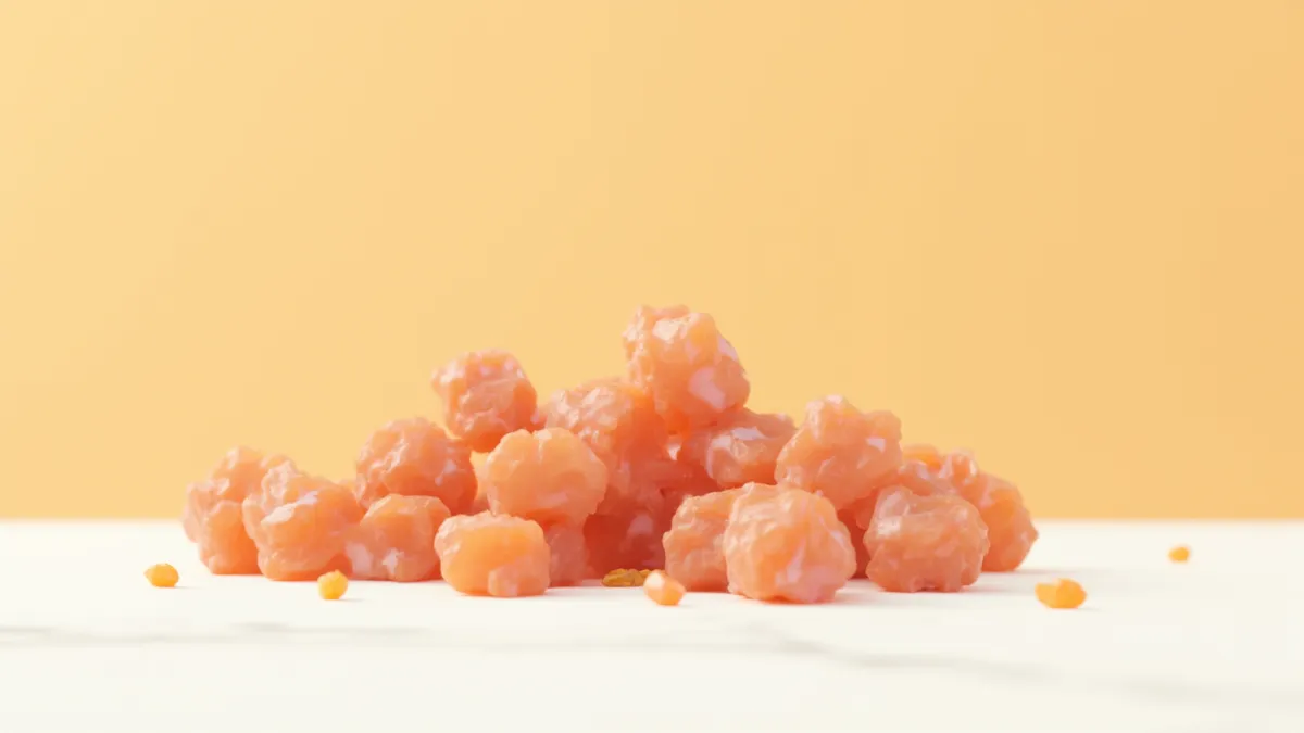 동결건조 과정을 거친 소고기와 닭고기 큐브의 클로즈업