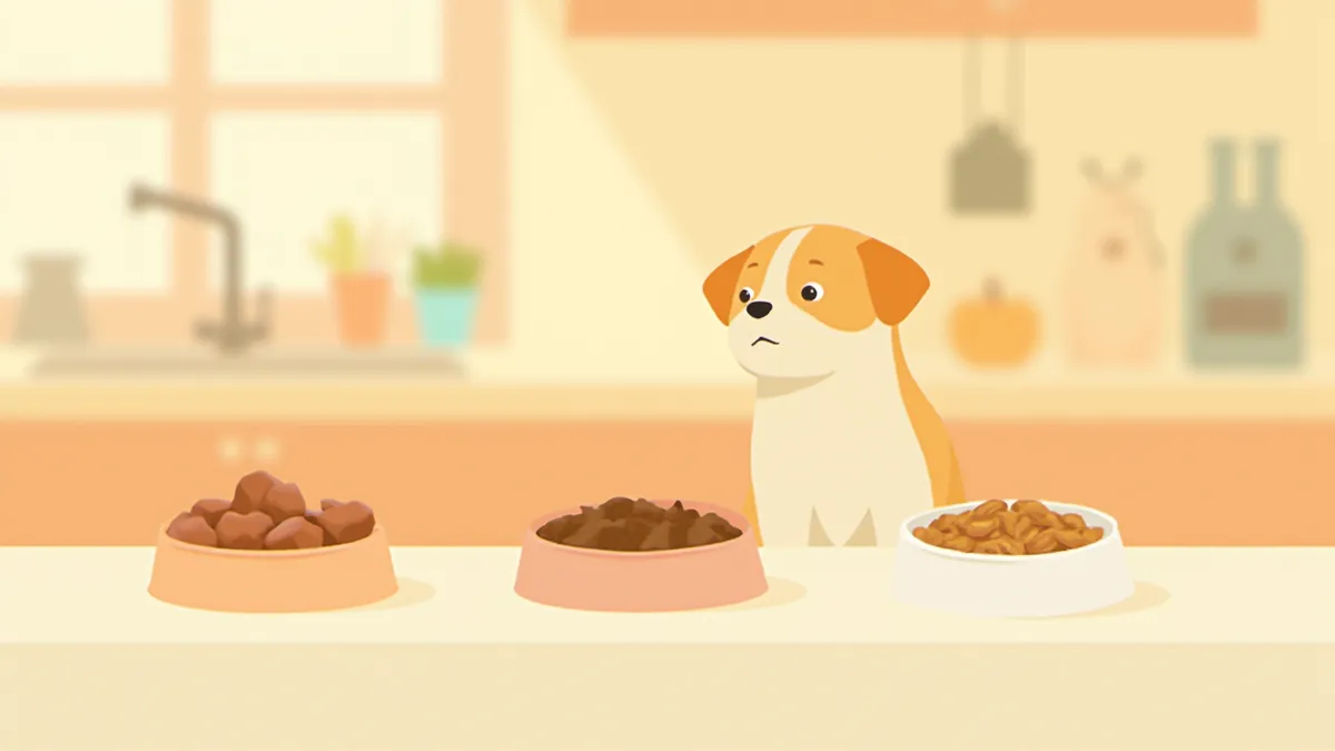 보호자가 동결건조, 화식, 건사료를 비교하며 고민하는 모습