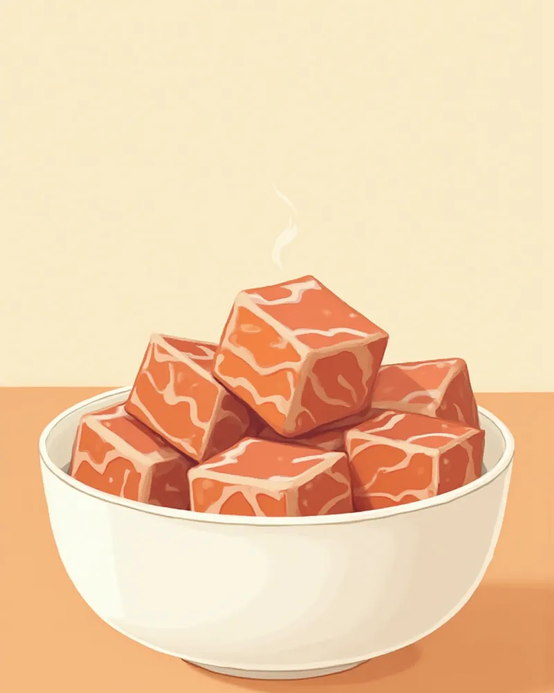 동결건조 사료 큐브가 흰 그릇에 담겨 있는 모습