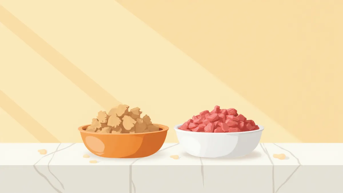 동결건조 사료와 생식을 나란히 비교한 장면