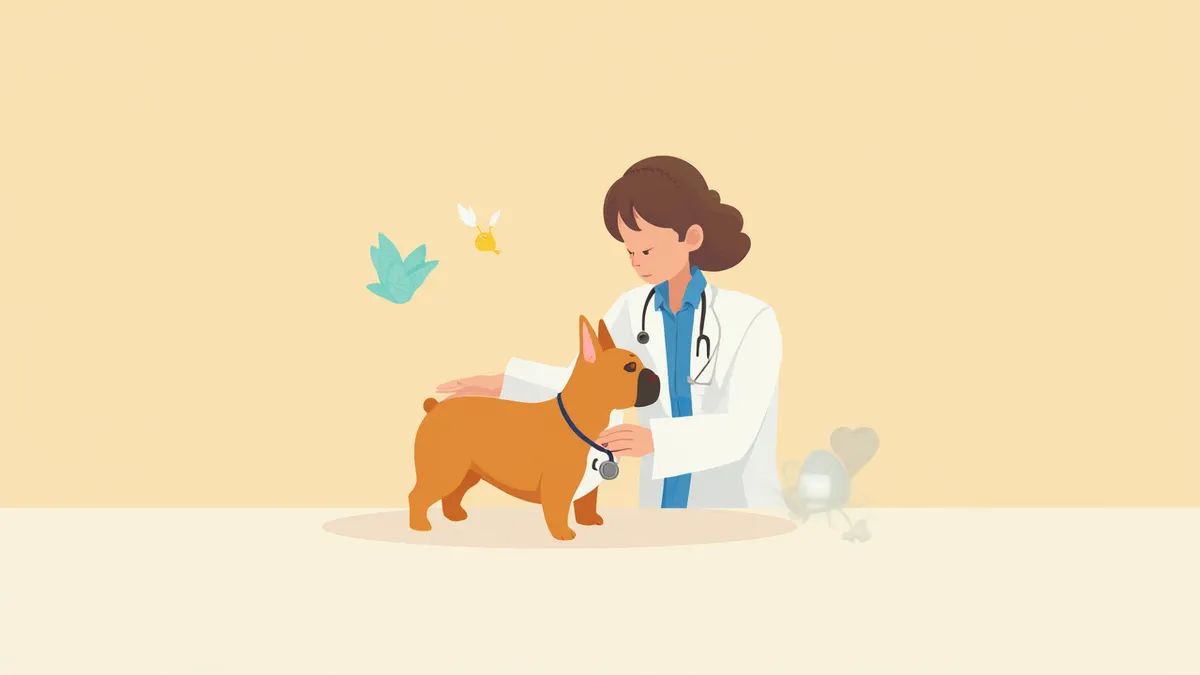 수의사에게 청진기로 검진을 받는 프렌치 불독