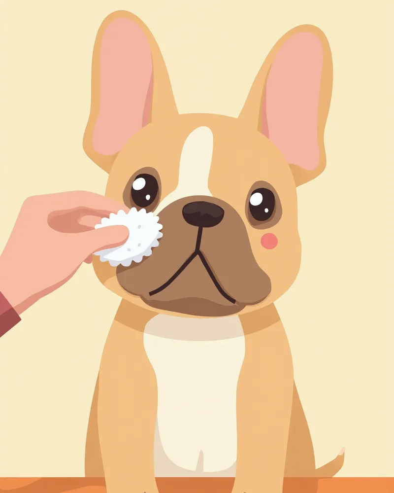보호자가 프렌치 불독의 코 주름을 부드럽게 닦아주는 모습
