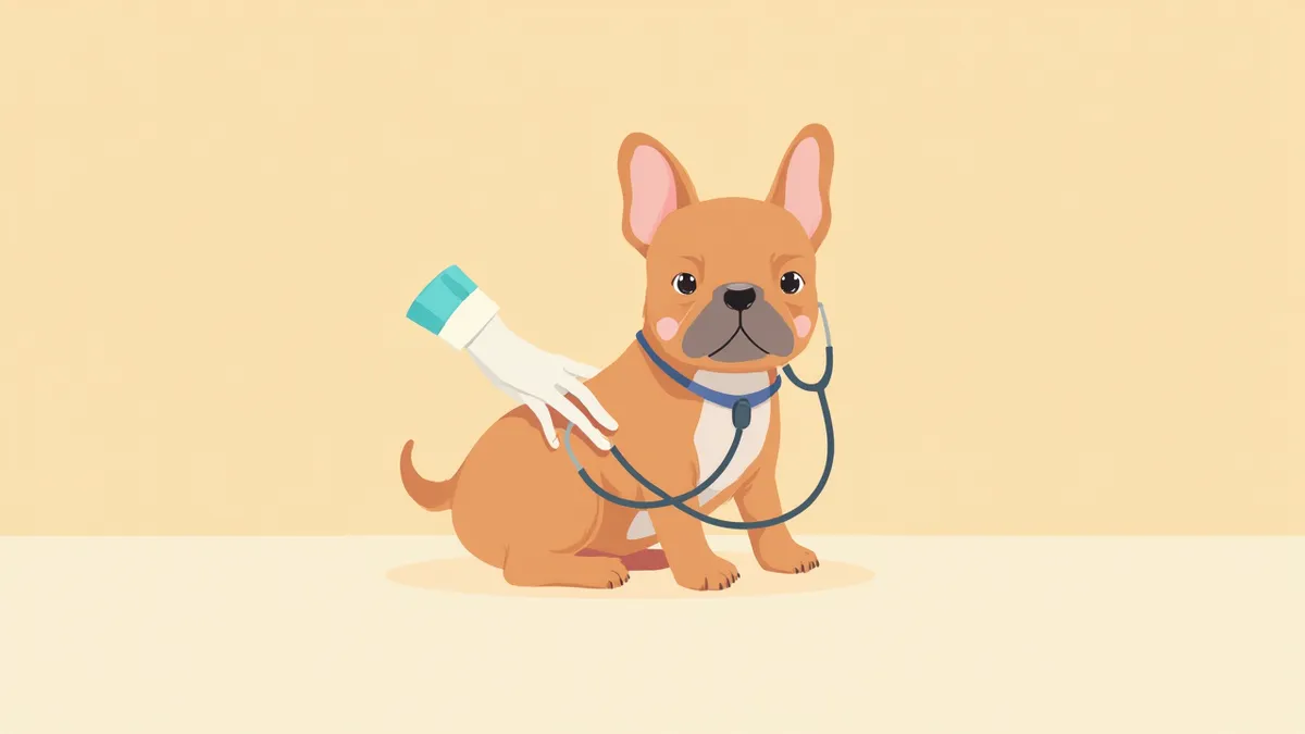 수의사가 청진기로 프렌치 불독을 진료하는 모습