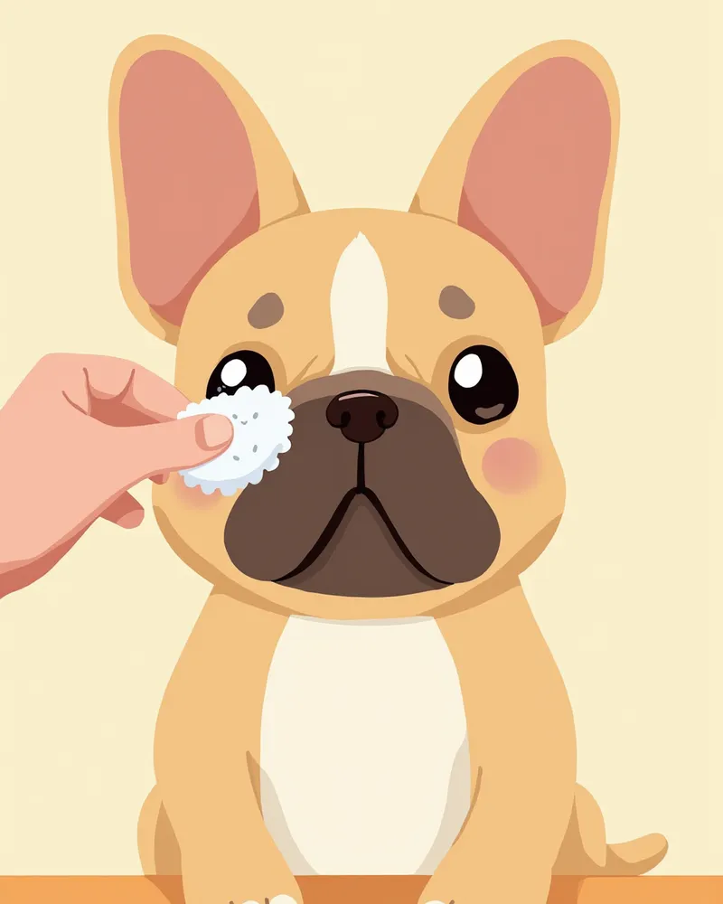 부드러운 면 패드로 프렌치 불독의 얼굴 주름을 닦는 모습