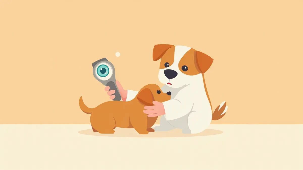 수의사가 검안경으로 강아지 눈 안쪽을 관찰하는 모습