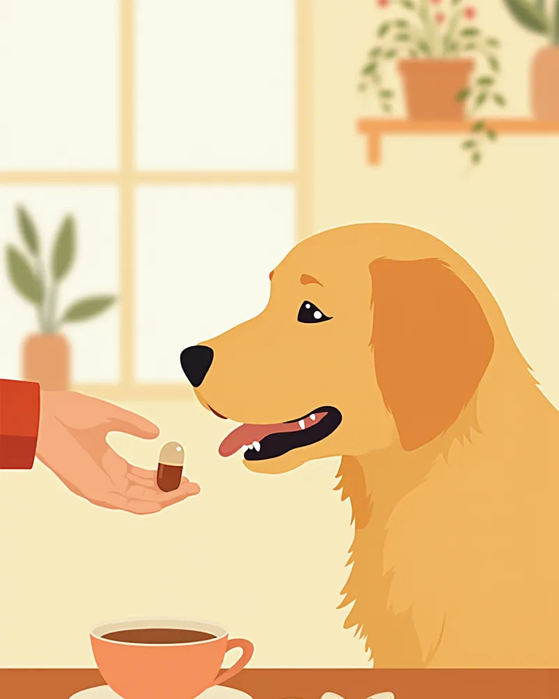 강아지에게 간식에 숨긴 약을 부드럽게 주는 보호자