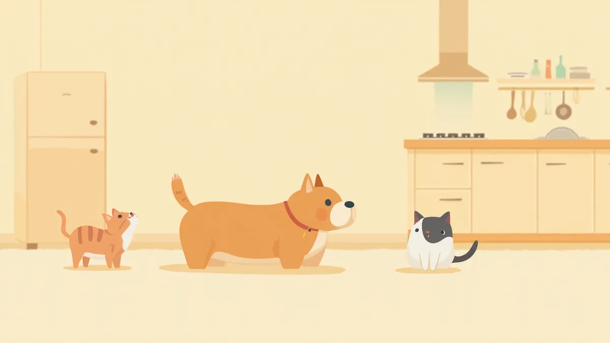 가스 누출이 의심되는 주방에서 힘없이 앉아 있는 강아지와 고양이