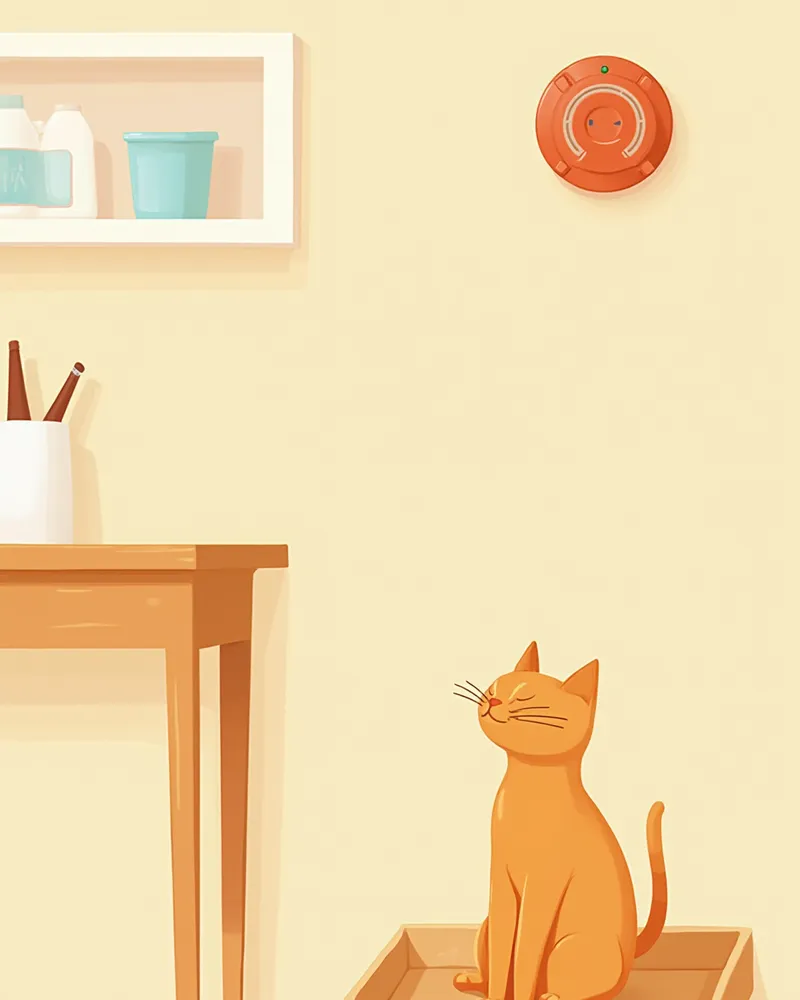 주방에 설치된 가스 경보기와 안전하게 쉬고 있는 고양이