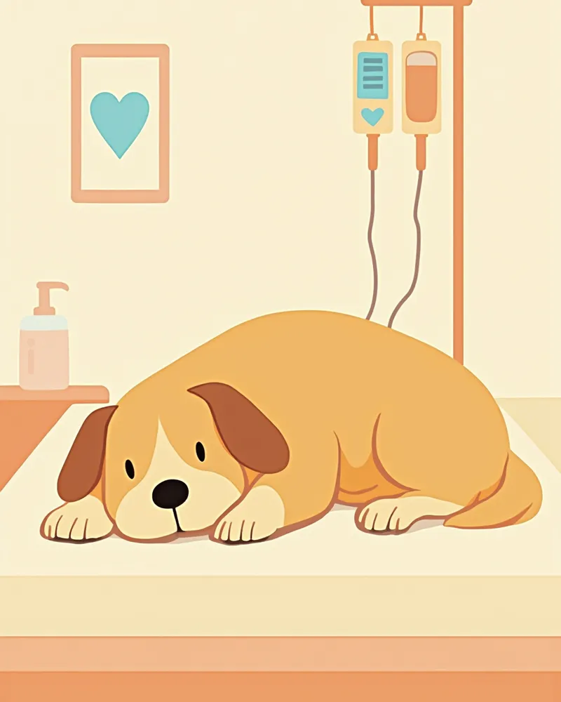 중환자실에서 회복 중인 대형견