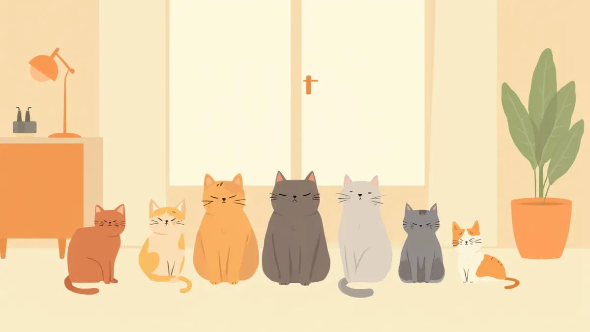 거실에서 평화롭게 함께 앉아 있는 다양한 순한 고양이 품종들