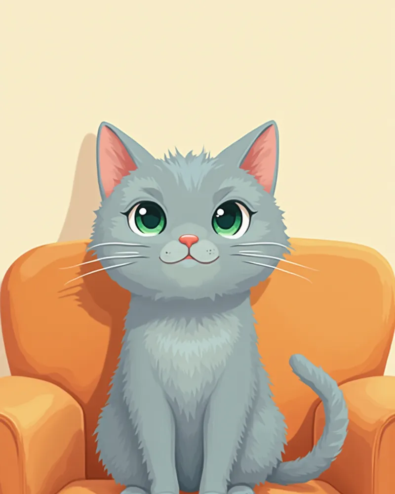 소파 위에 우아하게 앉아 있는 은빛 러시안 블루 고양이