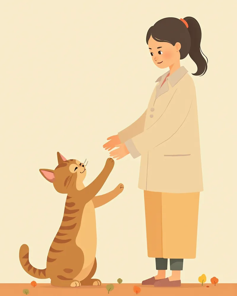 보호자가 고령묘의 건강 상태를 살피는 모습