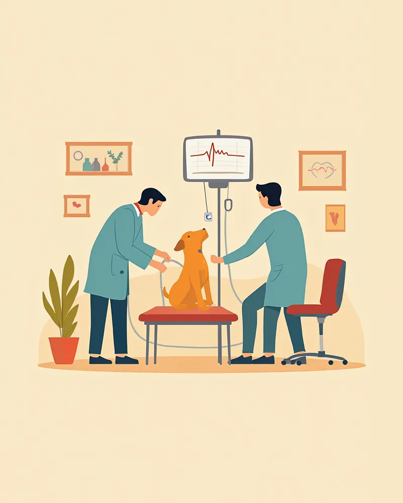 내시경 검사 중 활력 징후를 모니터링하는 수의사 팀