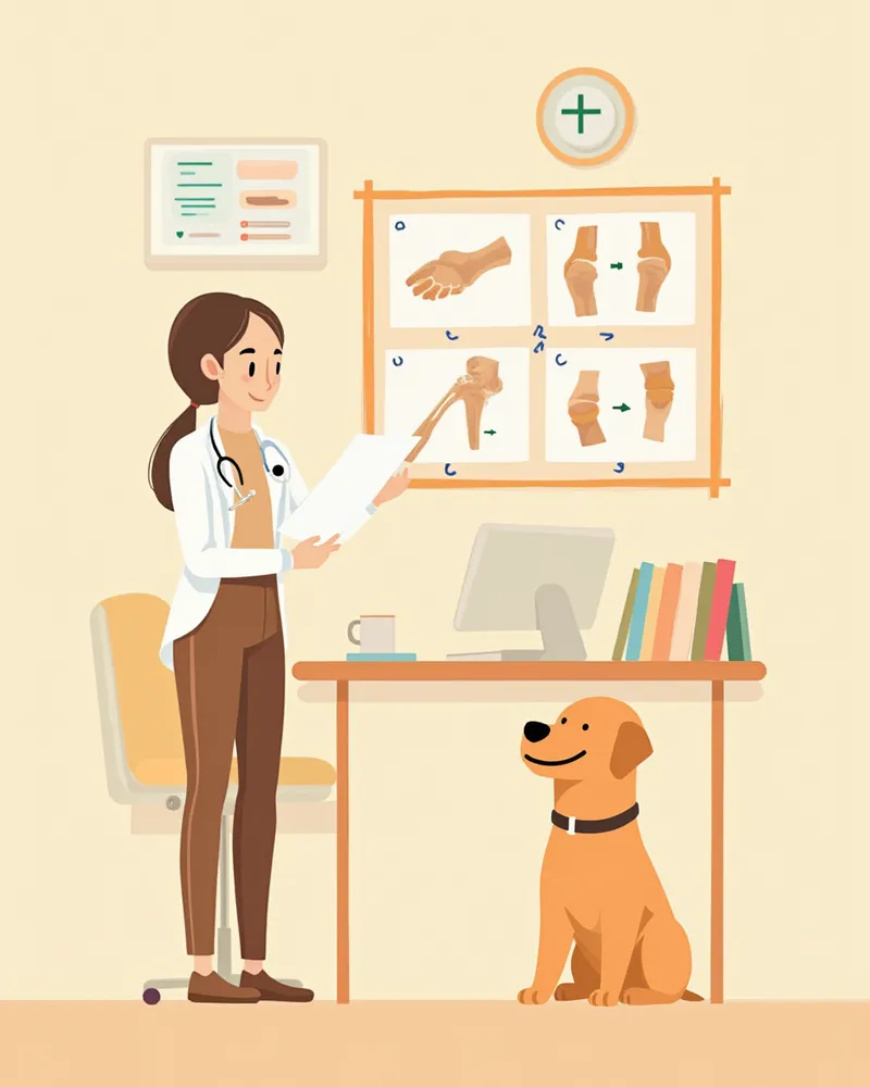 수의학 연구 자료를 확인하는 수의사와 강아지 일러스트