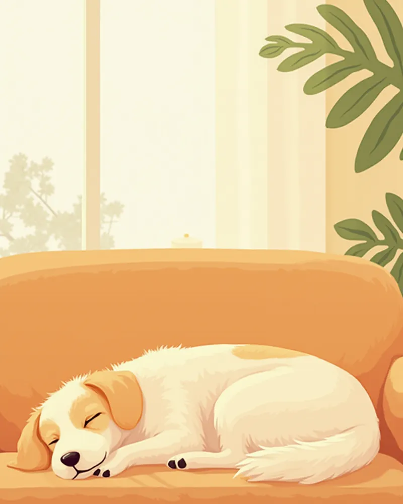 노령 강아지가 편안하게 소파에 기대어 쉬고 있는 모습