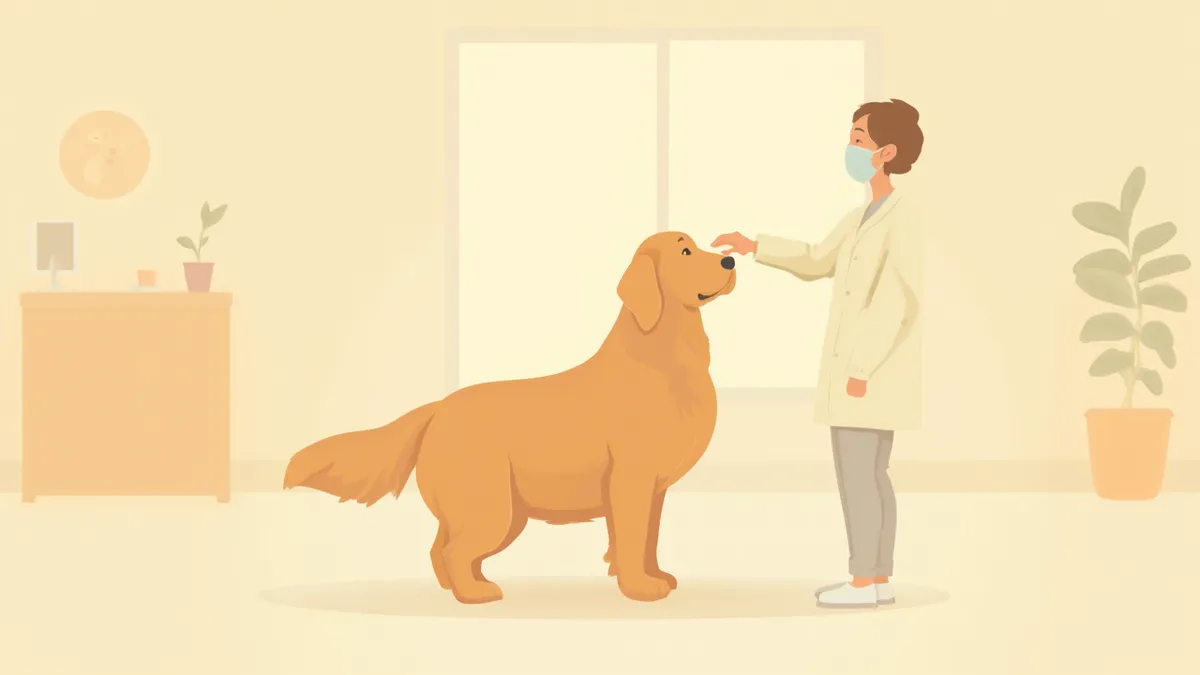 골든 리트리버의 턱 밑 림프절을 촉진하는 수의사