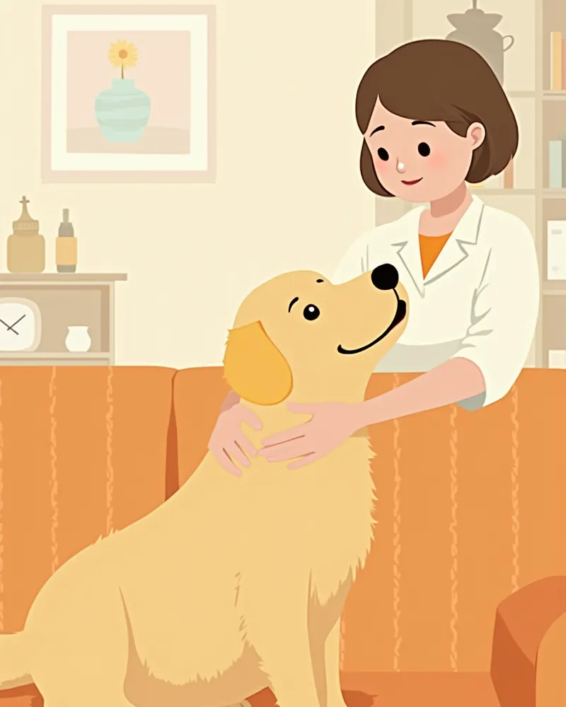 보호자가 집에서 골든 리트리버의 목 림프절을 확인하는 모습