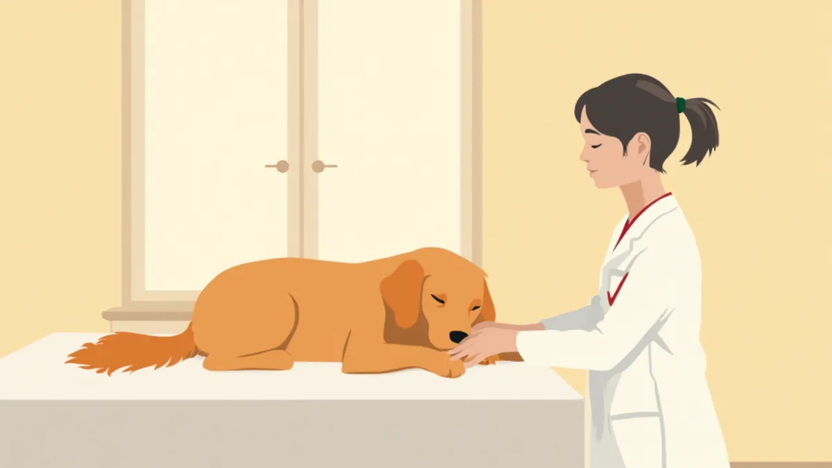 검진대 위에서 림프절 촉진을 받는 골든 리트리버