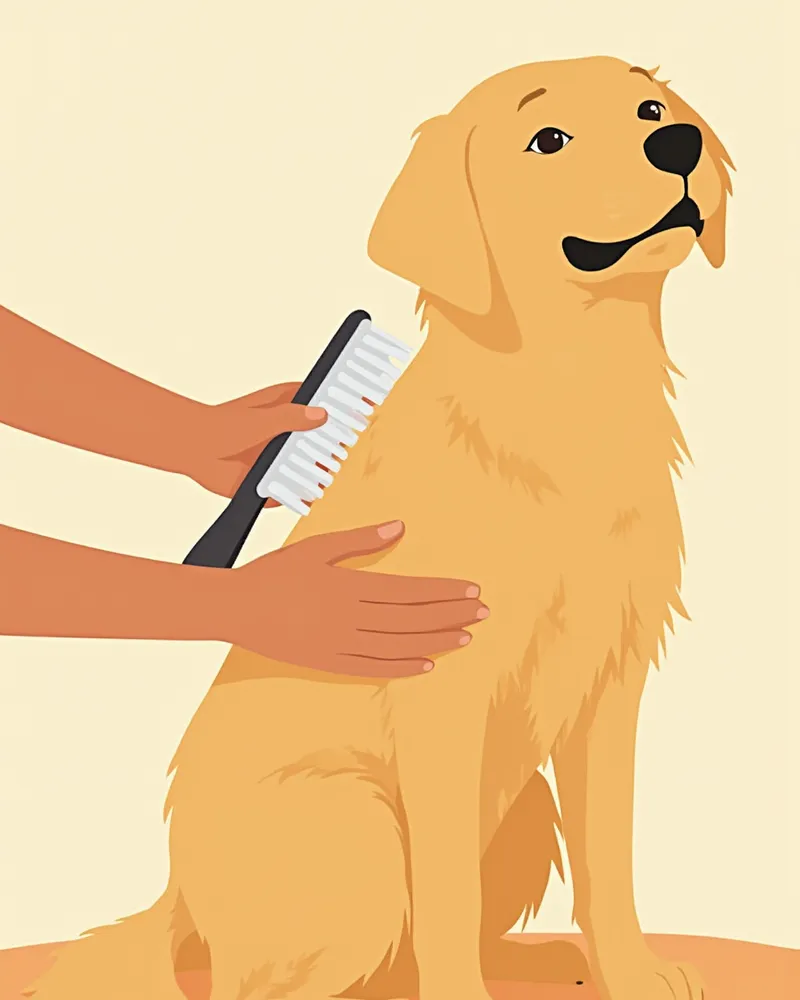 슬리커 브러시로 골든 리트리버 털을 부드럽게 빗는 모습