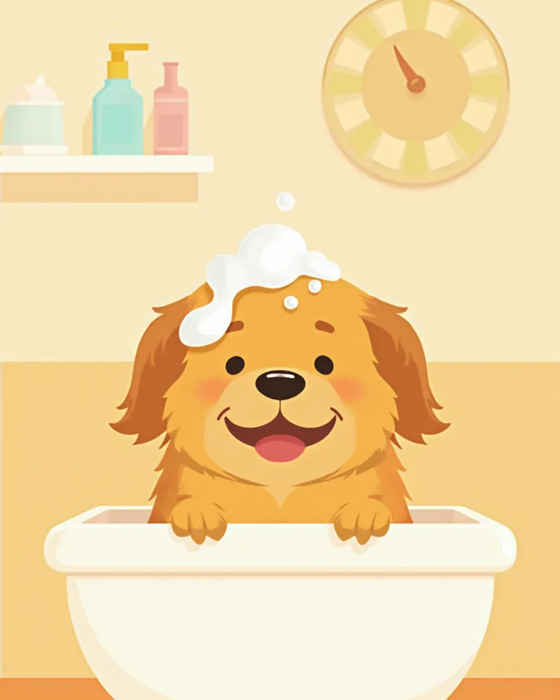 욕조에서 목욕 중인 골든 리트리버