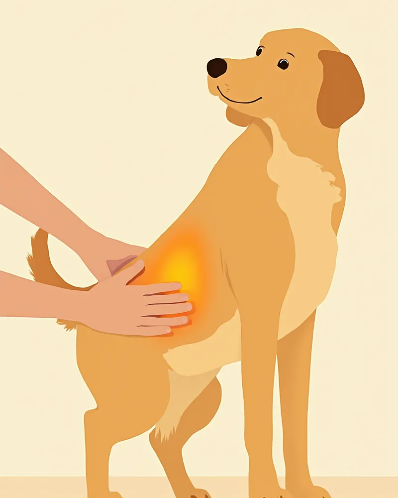 수의사에게 고관절 검사를 받는 골든 리트리버