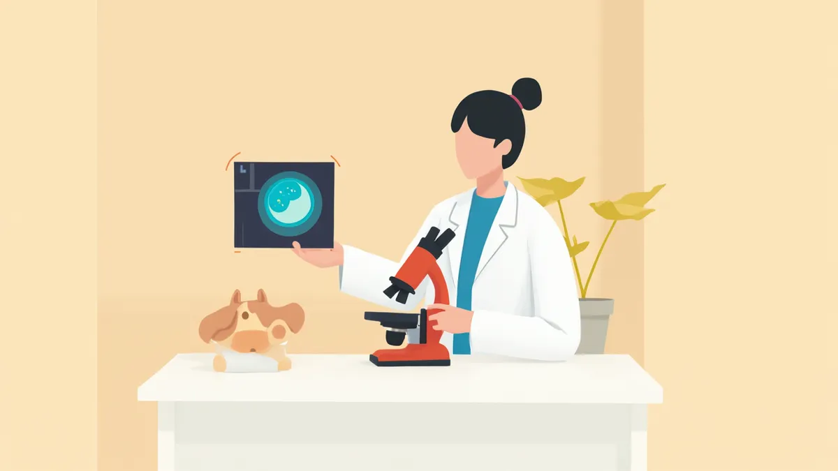 현미경 슬라이드와 CT 영상을 비교하며 설명하는 수의사