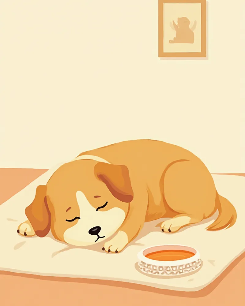 집에서 편안하게 회복 중인 강아지와 물그릇