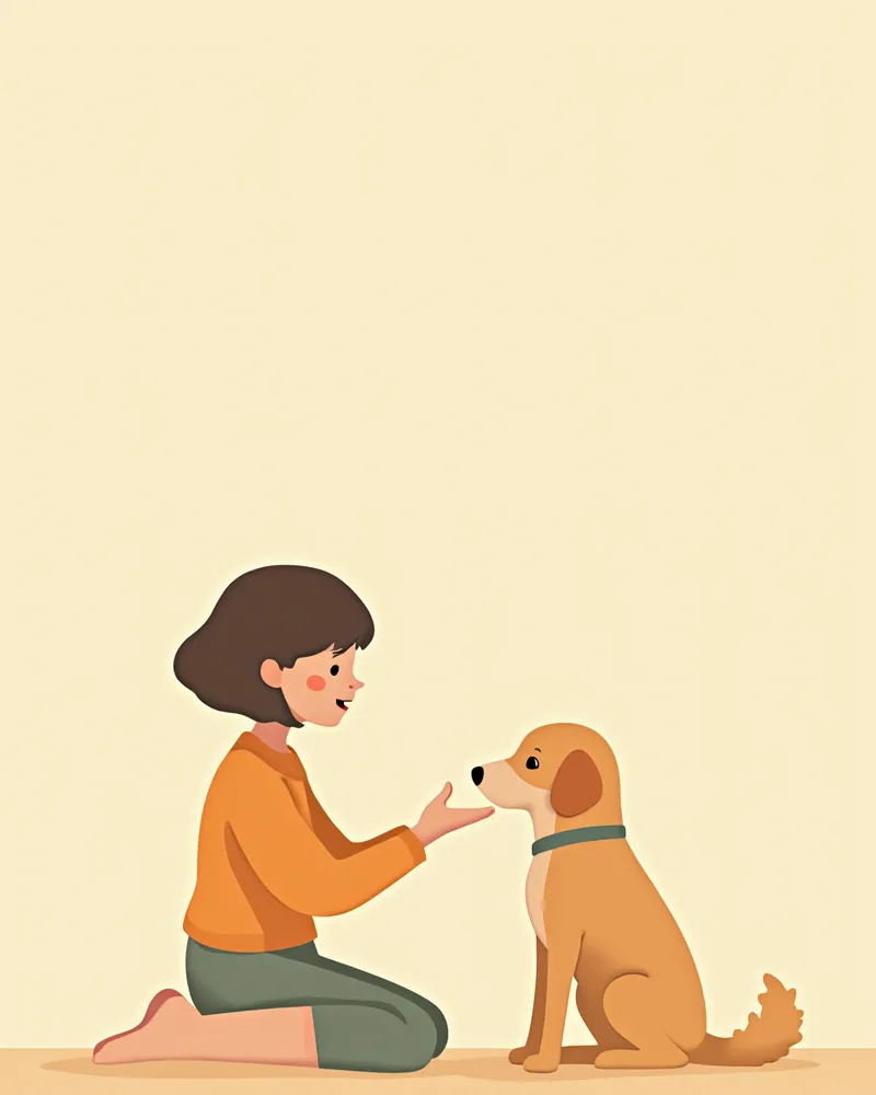 무릎을 굽혀 강아지와 눈높이를 맞추는 사람