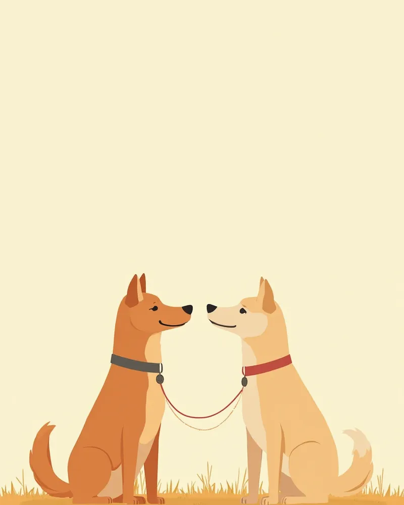 느슨한 리드로 측면에서 인사하는 두 강아지