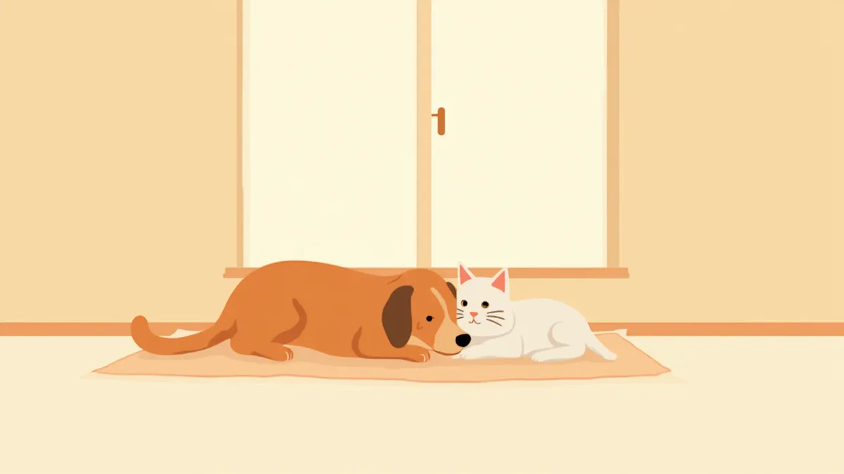 빈 반려동물 침대 옆에 함께 누워 있는 강아지와 고양이