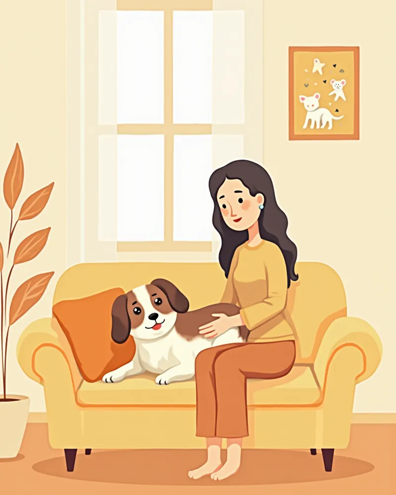 소파에서 강아지를 부드럽게 빗질해 주는 보호자