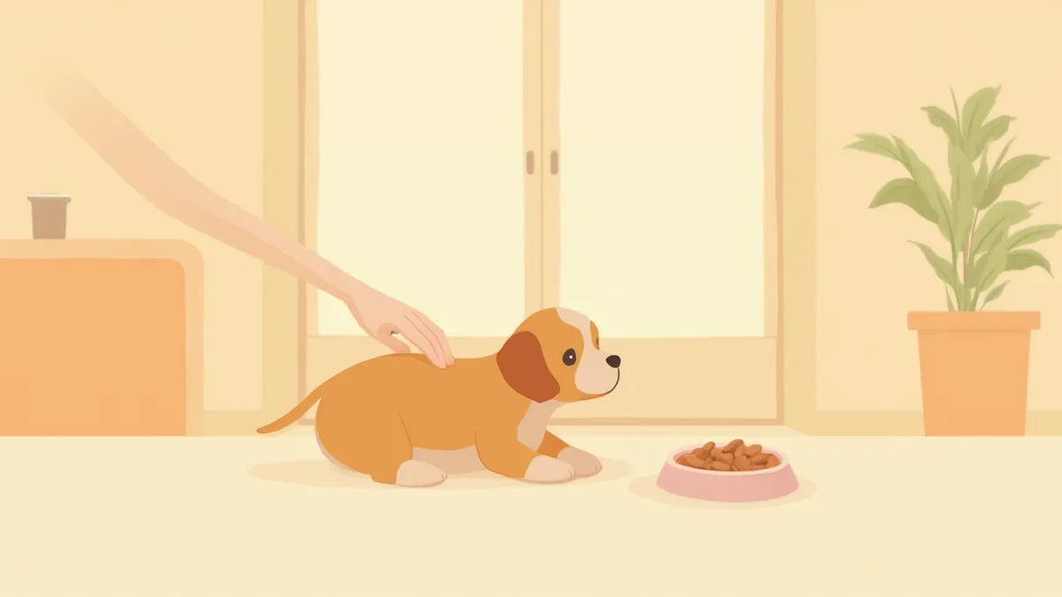 보호자가 부드럽게 강아지 등을 빗질하는 모습