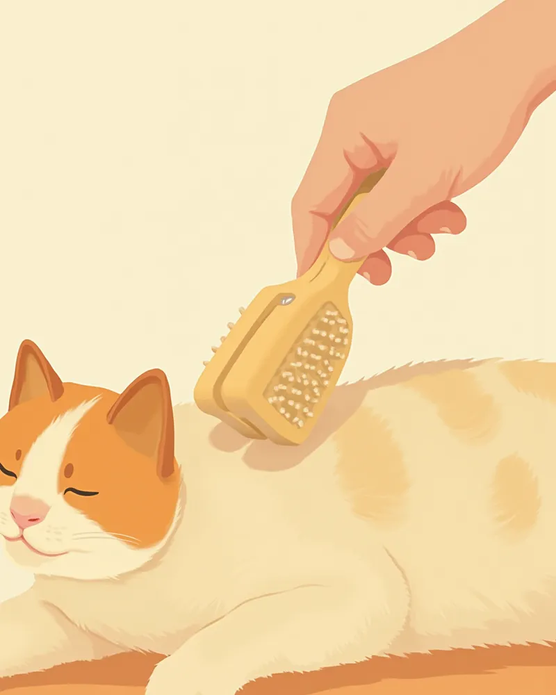 고양이 발 옆에 놓인 부드러운 슬리커 브러시