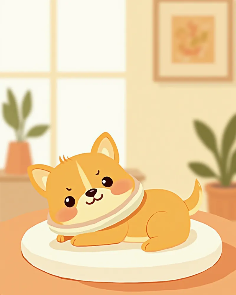 수술 후 넥카라를 착용하고 회복 중인 강아지