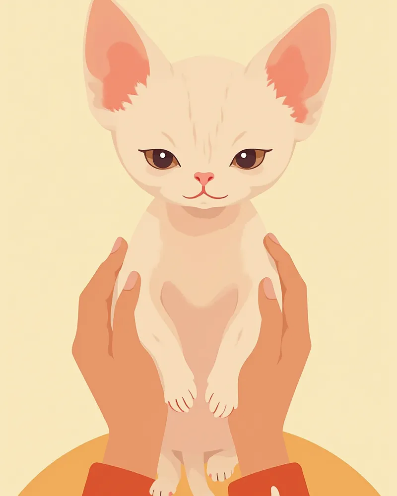 보호자 손에 안긴 스핑크스 고양이의 주름진 피부가 보이는 클로즈업