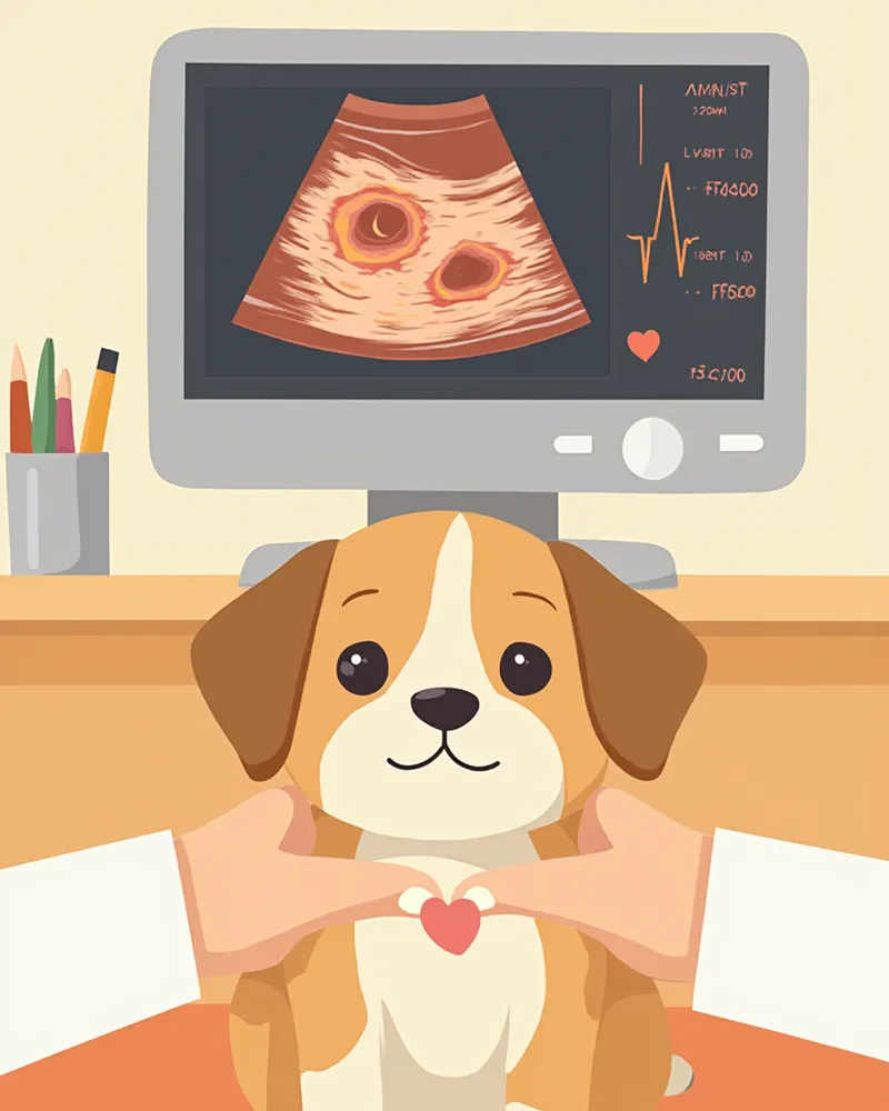 강아지 심장 초음파 검사 화면과 수의사의 손
