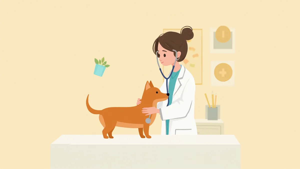 수의사가 강아지 가슴에 청진기를 대고 심잡음 등급을 확인하는 모습