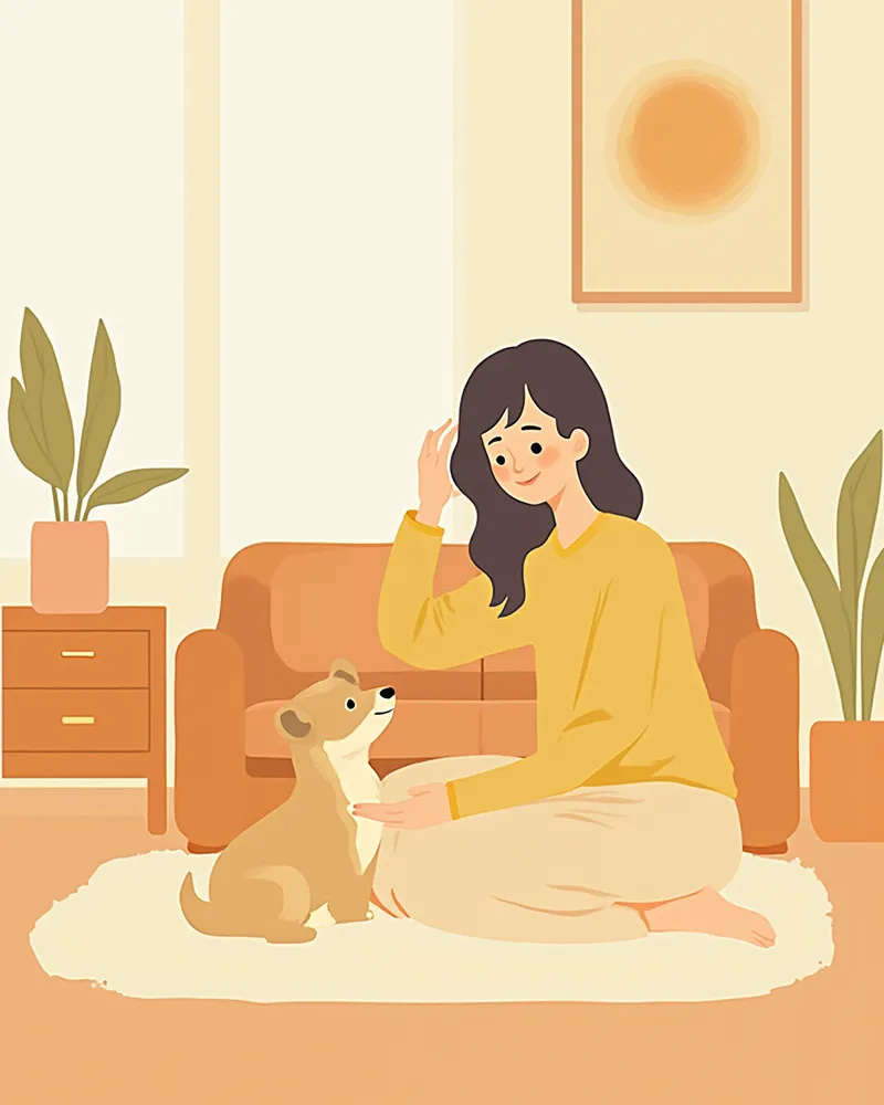 보호자가 잠든 강아지의 가슴에 손을 얹고 안정 시 호흡수를 측정하는 모습