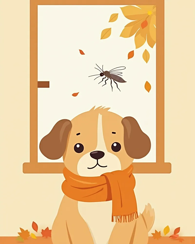 가을철 실내에서도 모기에 노출될 수 있는 강아지 일러스트
