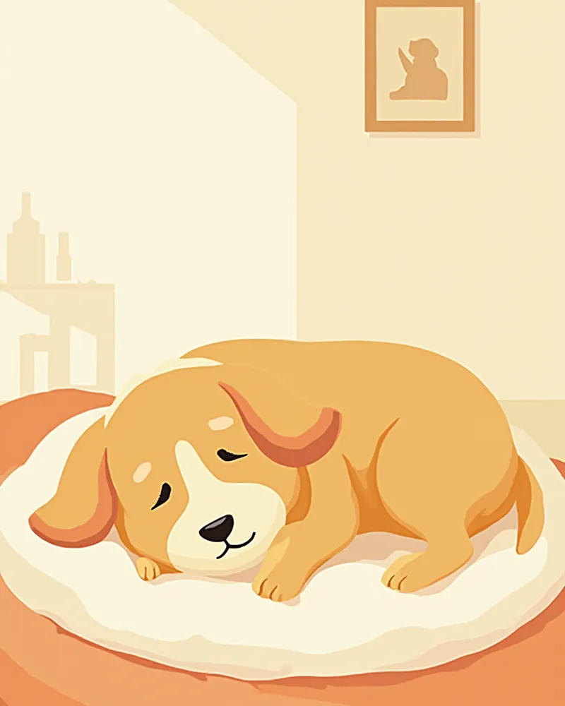 치료 후 집에서 편안히 쉬고 있는 건강한 강아지