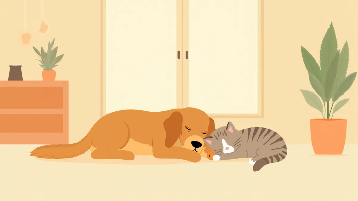 거실에서 함께 쉬고 있는 강아지와 고양이