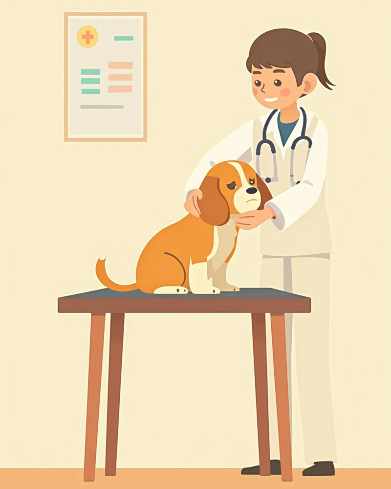 수의사에게 진찰을 받는 무기력한 강아지