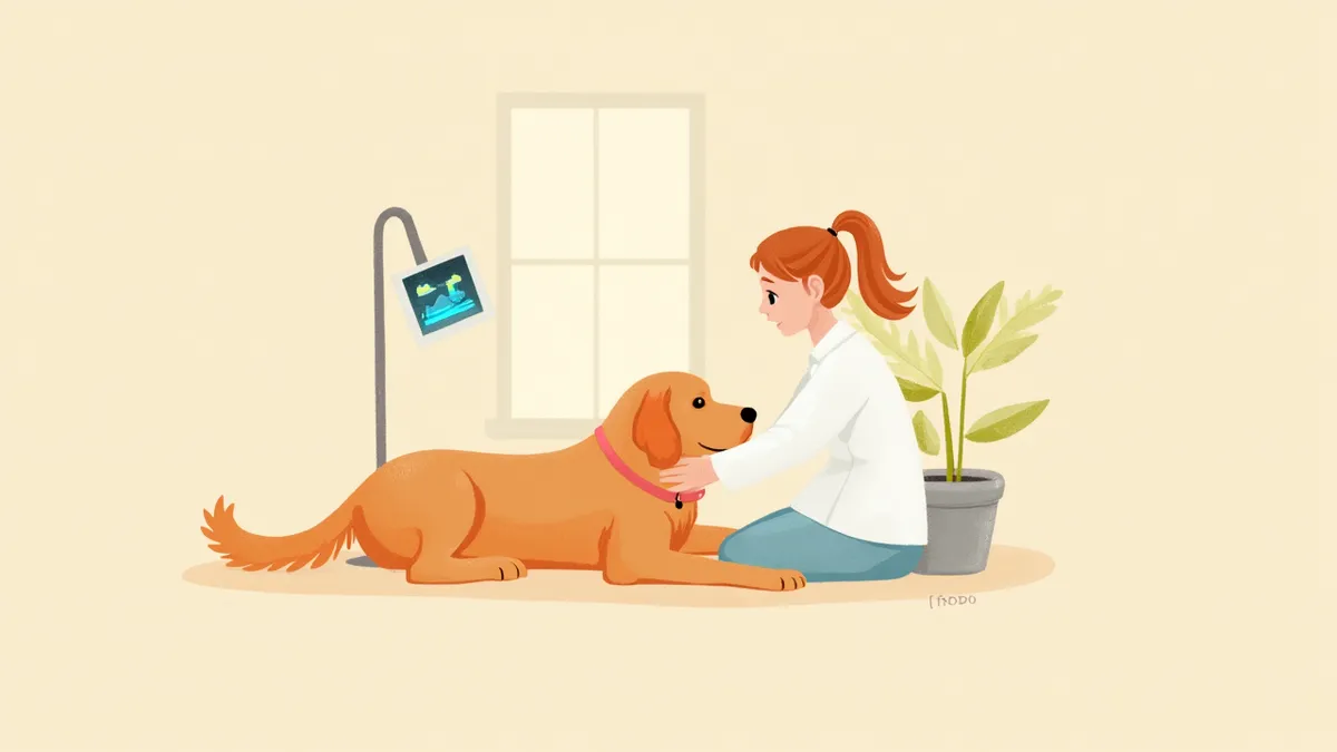 노령 골든리트리버를 초음파로 검사하는 수의사