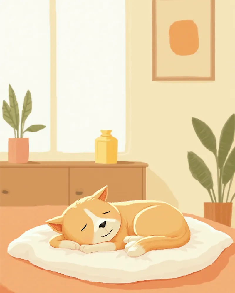 집에서 편안히 쉬고 있는 노령견과 보호자