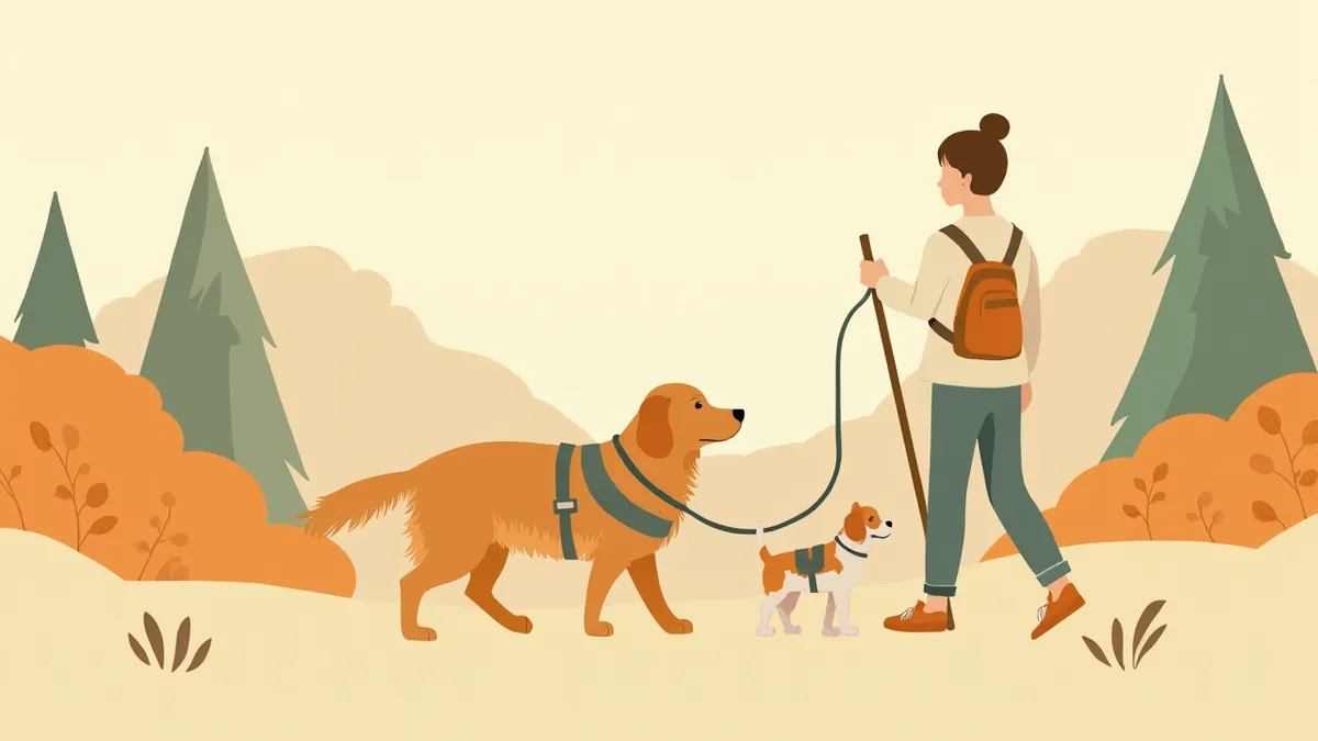 숲속 등산로에서 보호자와 함께 걷는 두 마리의 강아지