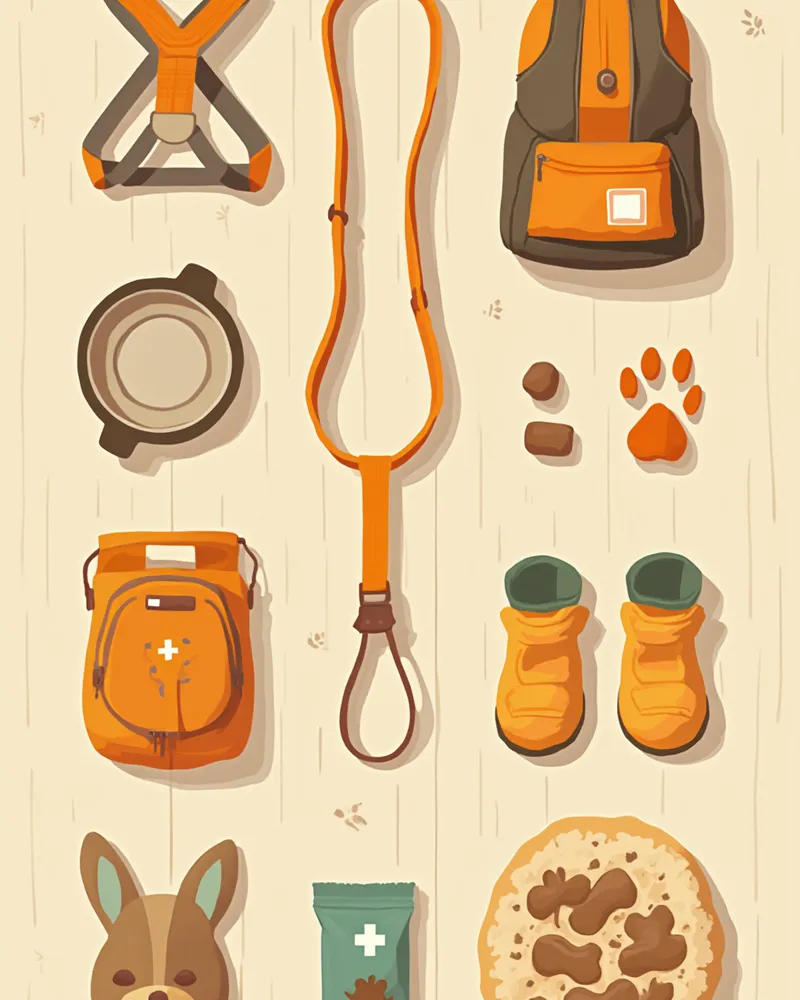 하네스, 리드줄, 물그릇, 응급 키트 등 반려동물 등산 준비물이 정돈된 모습