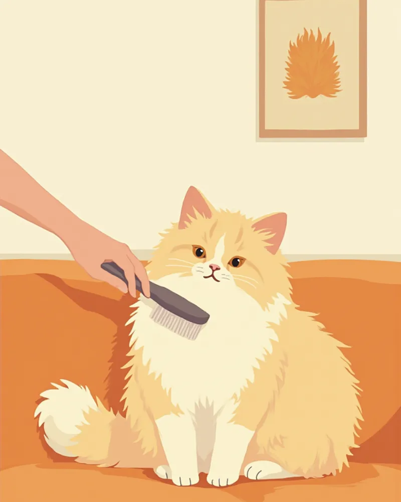 보호자가 소파에서 히말라얀 고양이를 빗질하는 모습