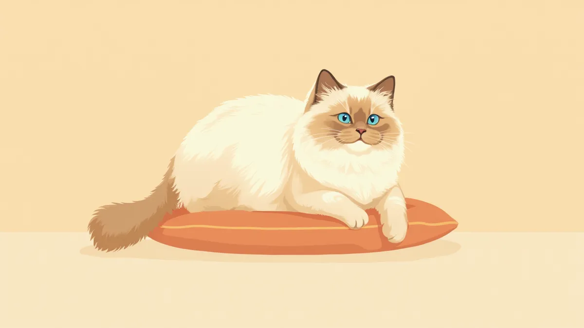 긴 크림색 털과 푸른 눈을 가진 히말라얀 고양이가 쿠션 위에 우아하게 누워 있는 모습