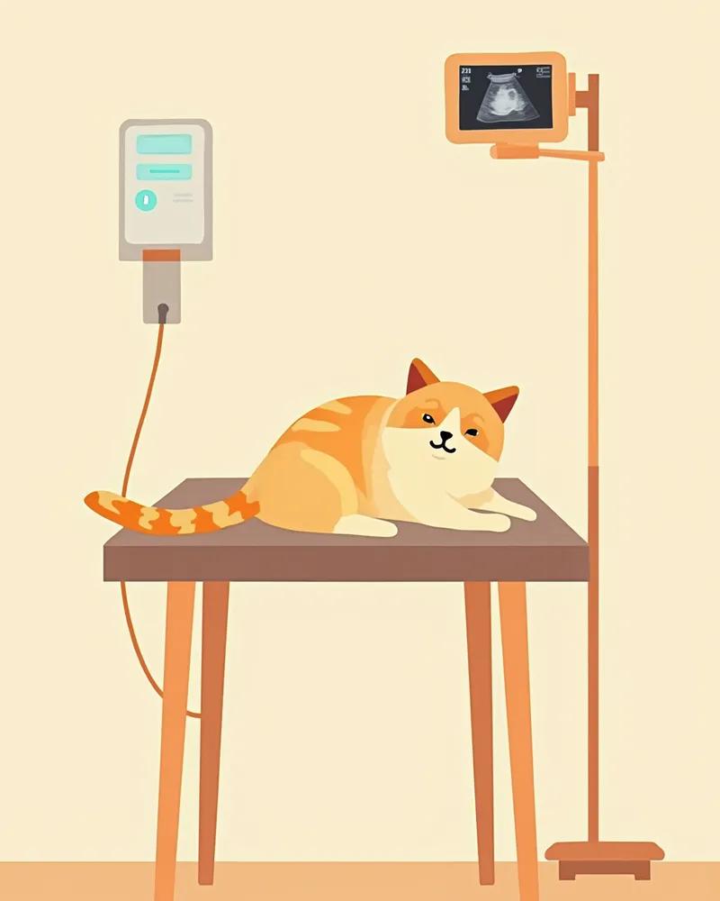 히말라얀 고양이의 복부 초음파 검사 장면